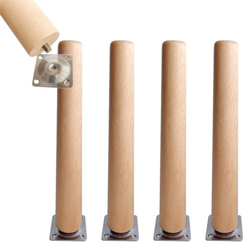 Möbelbeine Holz,4 Stück Rund Gerade Möbelfüße Holz,Tischbeine Schrankfüße,Sofafüße Holzbeine für Möbel mit Montageplatten & Schrauben, Für Sofa,Bett Und Tisc (30cm/12in)
