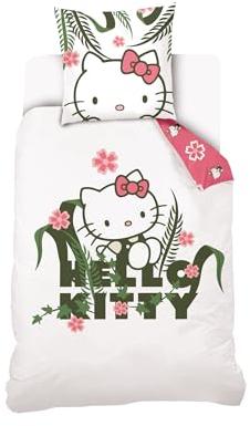 HELLO KITTY - Housse De Couette Hello Kitty 140x200 cm + 1 taie d'oreiller 63x63 cm - 100% Coton - Blanc