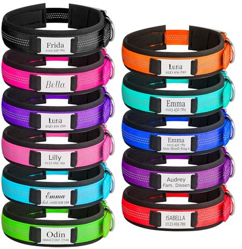 Personalized Dog Collars Custom with Pet Name and Phone Number, Soft Neoprene Padded Reflective Nylon Collar with Durable Metal Belt Buckle, Adjustable for Puppy Small Medium Large Dogs