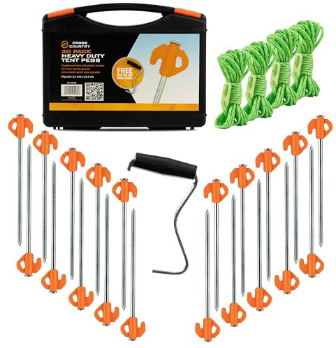 CROSS COUNTRY Heavy Duty Tent Pegs – Set of 20 Metal Hard Ground Pegs for Tent, Awning, Groundsheet, Camping Gazebo, Rock Pegs with Peg Puller and Storage Case + 4x Hi-Vis Guy Ropes