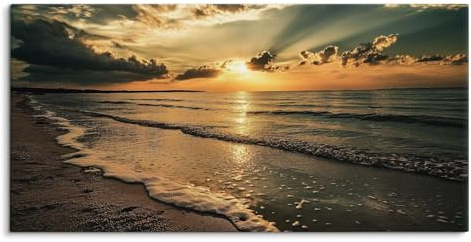 Paul Sinus Wandbild auf Leinwand in 120x60cm Meer Sonnenuntergang Küste Natur Wellen Leinwandbild