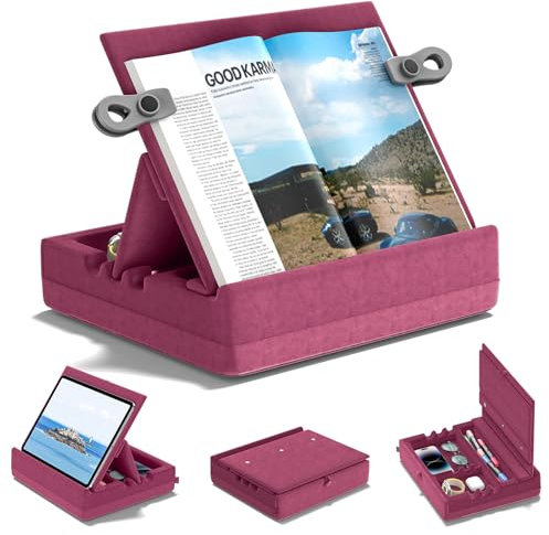 KDD Book Stand for Reading, Multi-Angle Viewing Reading Pillow Stands with Organizer Tray for Lap, Bed, Desk and Couch, Foldable Tablet Pillow Holder for I-pad, Phone, E-Reader (4.7-15) Purple