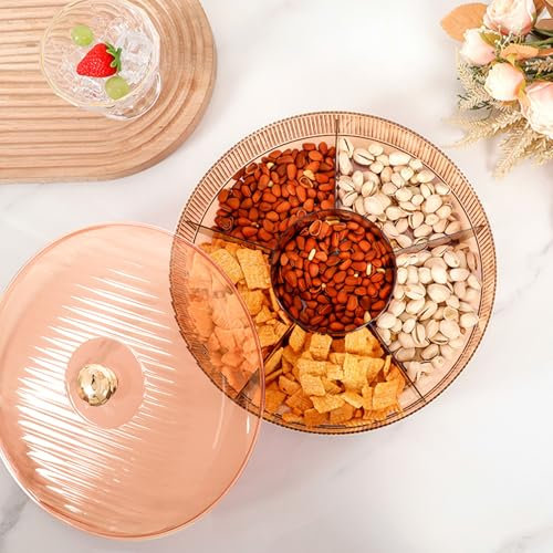 Divided Serving Tray Platter with Lid, Round Snack Box Container with 6 Compartments, Portable Snack Platters Organizer for Candy, Fruits, Nuts, Snacks, Parties, Picnic