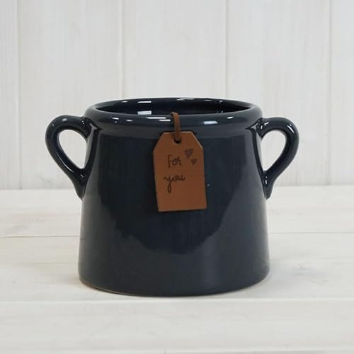 Ceramic Blue Plant Pot/Vase Planter Flowers Herbs Utensils Holder with Tag and Ears Indoor Home Decorative Gift (Navy Blue Pot 10cm)