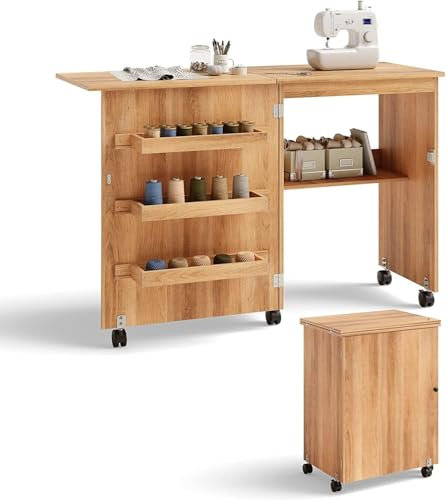 FANTASK Holz Nähschrank & Schreibtisch klappbar, Natur Nähtisch mit 3 Einlegeböden für Spulen, Nähtisch für Wohnzimmer und Schlafzimmer mit feststellbare Rollen
