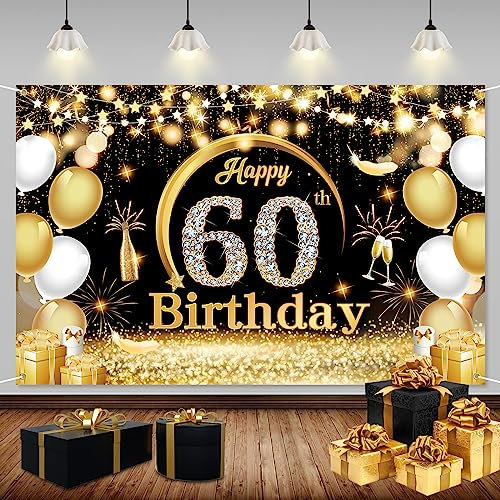 ZAHRVIA 60 Geburtstag Party Dekorationen, 60 Geburtstag Banner Schwarz Gold, 60 Geburtstag Hintergrund Banner, Stoff Schild Poster Hintergrund zum 60.Geburtstag für Party Deko Geburtstag Mann Frau