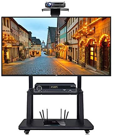 Grand chariot de télévision mobile avec rangement, support de télévision réglable en hauteur pour intérieur et extérieur pour téléviseurs à écran plat LED de 40 à 75 pouces, beau paysage noir