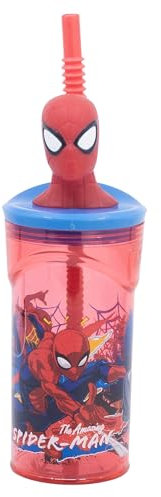 Stor Vaso Infantil Reutilizable con Pajita y Tapa con figurita 3D y Capacidad de 360 ml de Spiderman