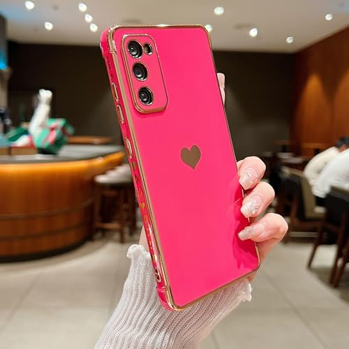 Compatible avec Samsung Galaxy S20 FE - Motif cœur - Design galvanisé - En TPU souple - Résistant aux chocs - Protection complète de l'objectif de l'appareil photo - Rose