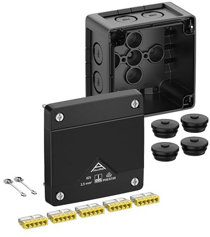 Spelsberg Abox Pro 025-2,5²/sw Professionelle IP66-Abzweigdose mit 5 erhöhten, schraubenlosen Klemmleisten, VDE-zertifiziert, interne Befestigungspunkte für Industrie und Außenbereich (schwarz)