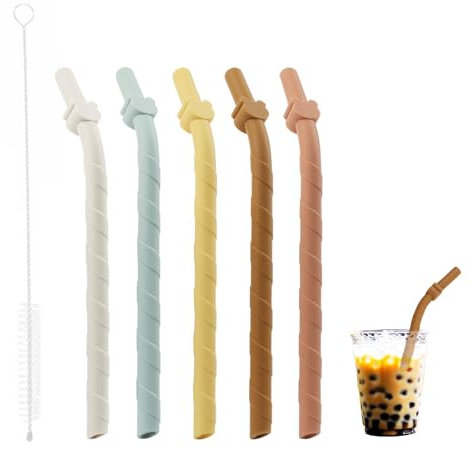 5 Pcs Wide Silicone Straws Set with Cleaning Brush, Bear-Shaped Reusable Bent BPA-Free, Dishwasher Safe 155mm Long 8.8mm Wide Premium Food-Grade Silicone Straws