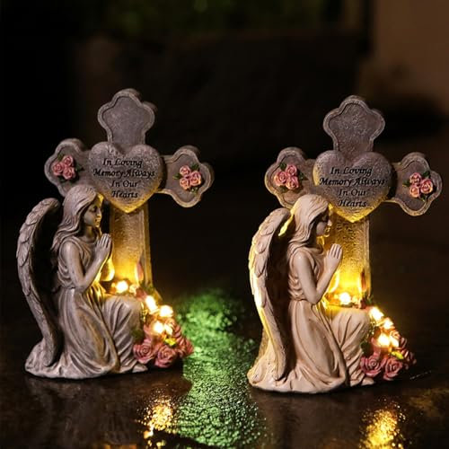 Engel Gartenfiguren mit Solar Grablicht, Grabengel Figuren mit Solar LED Beleuchtung, Gartendeko Engel Grablicht für Draußen, Wetterfest Grablichter Solar für Rasen, Hof, Fensterbank, Friedhof (2PCS)