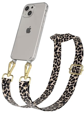 EAZY CASE Handykette - Verstellbares Taschenband kompatibel mit iPhone 13 Mini, Schulterriemen, Handykordel mit Silikon Hülle, Umhängetasche, Leo - Schwarz Beige Gold