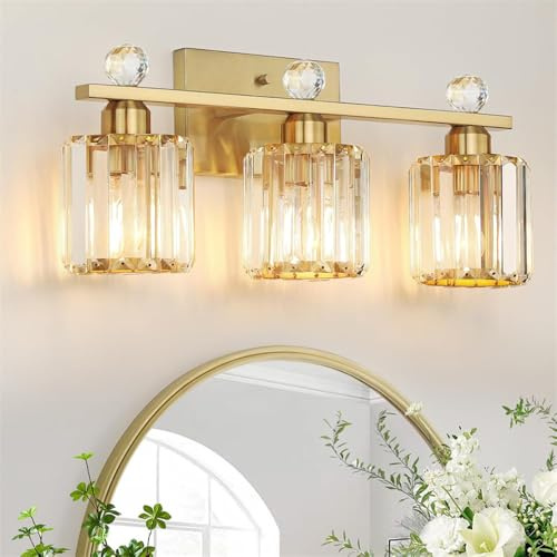 Mengjay Vintage Kristall Wandleuchte Innen,Waschtisch leuchten Spiegellampe Badezimmer,3 Flammig Wandlampe Innen Modern Metall E27 Wandbeleuchtung für Schlafzimmer Wohnzimmer Flur (Gold)