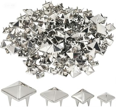 GORGECRAFT 200 Stück 4 Größen 6/8/10/12mm Silberne Pyramidenförmige Nagelkopfnieten Vierbackige Quadratische Spikes Metall Punk Nieten Spikes Quadratische Ledernieten Mit Ahle Für Schuhe Kleidung DIY