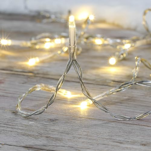LED Lichterketten 5 m 50 LEDs, 3er Set mit Timer, Batterie innen/außen, warmweiß, transparentes Kabel, 50 cm Zuleitung, 10 cm Lampenabstand, 3xAA