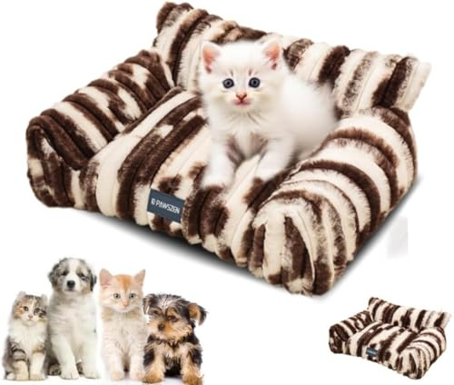 Katzensofa mit Nackenrolle, Plüsch-Haustiersofa für Katzen und kleine Hunde, Kaninchenfell, beruhigendes Kätzchenbett, rutschfestes Haustiermöbel, gemütliches Katzen-Couch-Design (Braun-A, L: 74,9 x