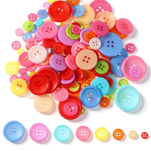 TIESOME 200 Stück Bunte Knöpfe Groß, 8 Größen Bastelknöpfe Kunststoff | 4 Löcher Bunte Knöpfe zum Annähen Colorful Buttons für DIY Basteln Nähen Kleidungsdekoration Bastelprojekte Dekoration