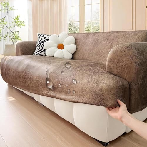 Wasserdichter Couchbezug aus Kunstleder, All-Inclusive-Stretch-Sofabezug, Rutschfester Sofabezug, haustierfreundlicher Möbelschutz für Hunde, Katzen und Kinder Dark-Brown 3Seater/190–230cm/75–91in
