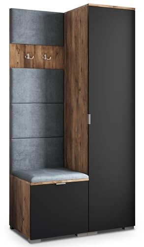 Masseno Flugarderoben Set Lori, Kleiderschrank-Set mit Sitzbank, Garderobenschrank Flur mit 3 Regalböden, Eiche Lefkas/Schwarz