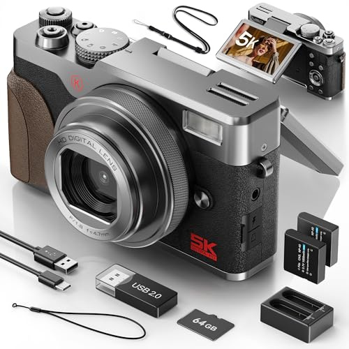 NBD 5K Digital Camera 64MP with Autofocus & 180° Flip Screen, Compact Vlogging Camera with 18X Zoom, 2 Batteries, 64GB Card, YouTube Camera for Beginners (Platinum)
