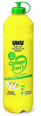 UHU Collage 3 en 1 ReNATURE- Colle liquide, sans solvant, recharge, bouteille 810ml