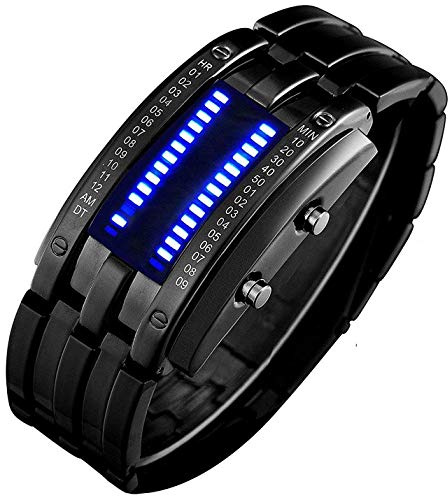 FANMIS Creative Binary Matrix Blue LED Digital Waterproof Watch Mens Classic Creative Fashion Black Plated Wrist Watches (Black)