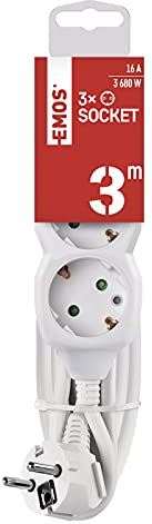 EMOS - 3-Fach Steckdosenleiste 3m - 3 Schuko-Steckdosen 45° gedreht - 250 V, 16 A, 3680 W - hochwertige PVC-Isolierung - H05VV-F3G 1,5 mm2 - erhöhter Berührungsschutz - IP20 für Innen - weiß