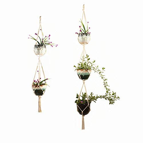 DODXIAOBEUL Plant Hanger, Double Plant Hanger Indoor Outdoor Hanging Planter,Hanging Plant Holder-Handmade Cotton Rope 4 Legs 2 Tier 49”3 Tier 68”(Supports 5 Flower Pots) 2 Pack