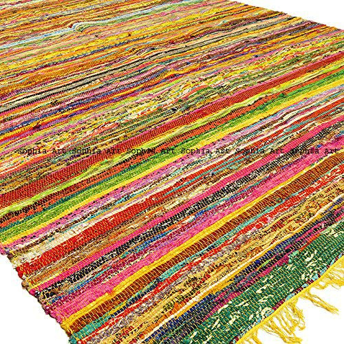 Indischer Bohemianischer handgefertigter Wendeteppich mit geflochtenem Bereich dekorativer Chindi Flickenteppich, Heimdekoration, Läufer, Baumwolle, Yogamatte, 183 x 9 cm, Baumwolle, gelb, 3.5ft X6ft