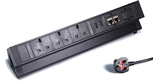 Elbe Inno Extension lead 3 ways, 2 USB, 2 RJ45, HDMI, Desktop Socket, Power Strip with Surge protected, 1.5 m cable length, Metal Table Outlet Extension suit for office, kitchen, worktop EL4103URH-UK