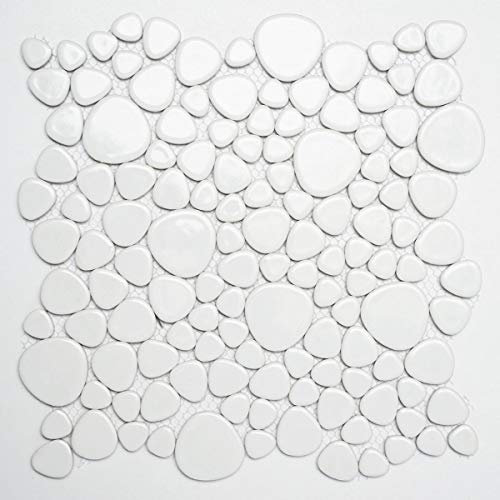 MOS12-0102 - Piastrelle a mosaico di ciottoli, colore: Bianco lucido