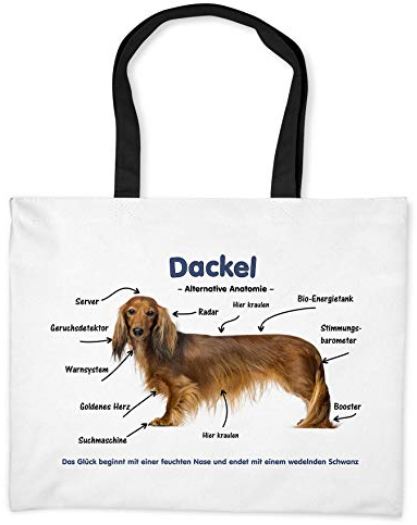 Merchandise for Fans Einkaufstasche - 50 x 38 cm, 19 Liter Schwarze Henkel - Motiv: Dackel/Teckel/Dachshund Alternative Anatomie - 03