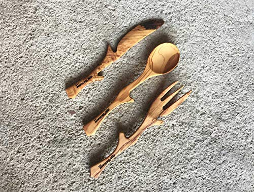 Posate in legno di ulivo, posate fatte a mano, forchetta in legno, posate in legno, forchetta fatta a mano, cucchiaio, coltello, cucchiaio in legno di ulivo e forchetta