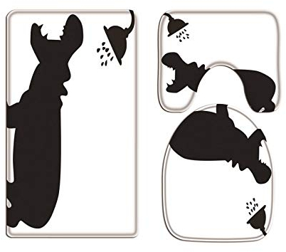 A.Monamour Badezimmer Badematte 3 Teilig Set Lustiges Nilpferd, Das Eine Dusche Silhouette Weißen Nimmt Flanell WC Toilette Deckel Deckt Bad Matte Teppich Badteppiche Badvorleger Badgarnitur Vorleger