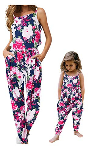 YunYoud Mama mit Tochter Jumpsuit Damen Sommer Outfits äRmellose Sling RüCkenfreie Kinder Baby Strampler Mädchen Kleidung Blumenkleid Overall One Piece Kinderbekleidung Mit Taschen Muttertagsgeschenk
