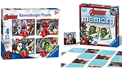 Ravensburger Marvel Avengers 4 in Box (12, 16, 20, 24 Pieces) Jigsaw Puzzles for Kids Age 3 Years Up & Marvel Avengers Mini Memory Game - Matching Picture Snap Pairs Game - Hulk, Thor, Iron Man & More