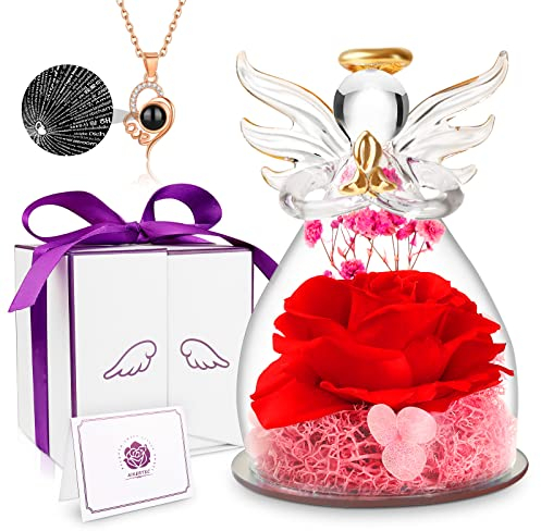 Konservierte echte Rose mit Engel für Frauen, Frau, Muttertag, Geschenk für Mutter, Engelsfiguren mit handgefertigten Rosenblumen & Love You Halslack für Hochzeit, Geburtstag, Geschenke (A Red)