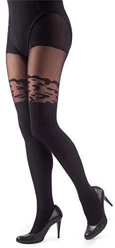 NOQ Strümpfe Imitation Strumpfhosen Matt Semi Sheer Damen Sexy Overknee Muster Büro Date Gemustertes Outfit, Leopard Nero L