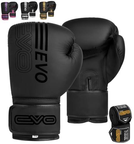 EVO Fitness Boxhandschuhe für Herren, Matt, Schwarz, für MMA, Muay Thai, Kampfsport, Kickboxen, Sparring, Training, Kampfhandschuhe mit Handbandagen (Schwarz, 16 OZ)