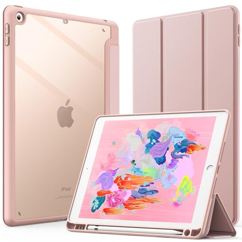 JETech Funda para iPad 9,7 Pulgadas (6.a/5.a Generación, 2018/2017) con Portalápiz, Clara Transparente Carcasa Trasera Slim Soporte Antigolpes Cover Tableta (Oro Rosa)