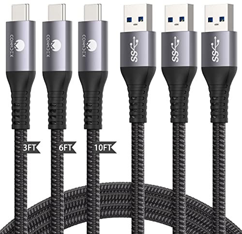 Conmdex USB C Charger Cable Fast Charging (3ft+6ft+10ft, 3Pack), 3A USB-C to USB A Android Auto Cable, 10Gbps USB 3.1 Gen 2 Type C Data Transfer Cable Compatible with Samsung S22/21/20/S10/S9, Grey