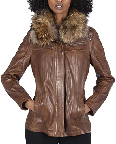 TruClothing Womens Real Leather Short Parka Jacket Coat Fur Hood Zipped Brown Tan Black - Timber L