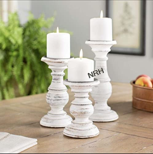 Antiker Holz-Kerzenhalter – Set mit 3 Kerzenhaltern aus Holz, rustikaler Kerzenhalter-Set, abgenutzte Säulenhalter, Teelichthalter für Hochzeit, Tischdekoration, Bauernhaus, Heimdekoration