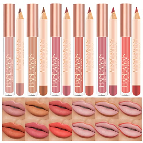 6 matte Lippenstifte mit 6 Liplinern, haltbarer Lipgloss, langanhaltende, antihaftbeschichtete Tasse, verblasst nicht, wasserdicht, hochpigmentierter Samt, Lipgloss-Set (A)