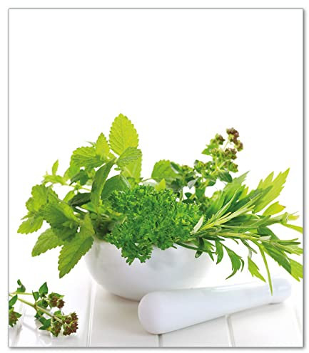 Wallario Herdabdeckplatte/Spritzschutz aus Glas, 52 x 60 cm, 1-teilig mit 13 mm hohen Füßen, für Ceran- und Induktionsherde, Welt der Kräuter - Verschiedene Kräuter in einem weißen Mörser