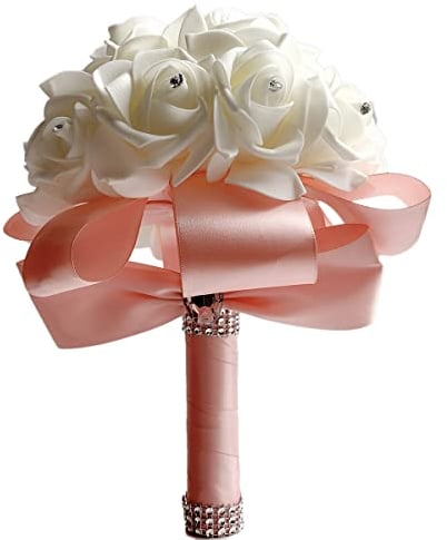 Wambere Hochzeits-Brautstrauß mit Blumen Kristall-Diamant-Schaumstoff-Rosen,Brautstrauß Rosen,Hält Blumen mit schönem Band, Brautjungfer, Hochzeitsstrauß, künstliche Seidenblumen, Handhaltung,Altrosa