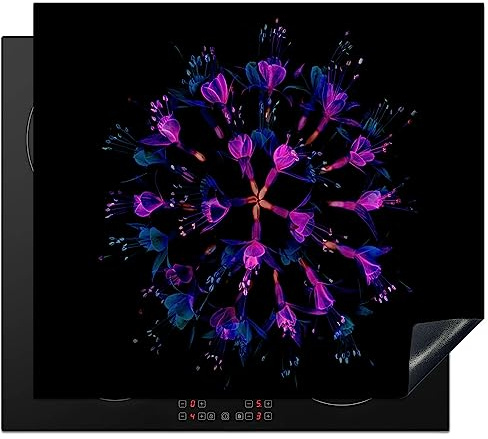 KitchenYeah© Herdabdeckplatte Einteilig Ceranfeld Abdeckplatte für Induktionsschutz Ceranfeldabdeckung Vinyl Herdabdeckplatten Blume - Lila - Blau - Flora - Schwarz - Moderne - 60x52 cm