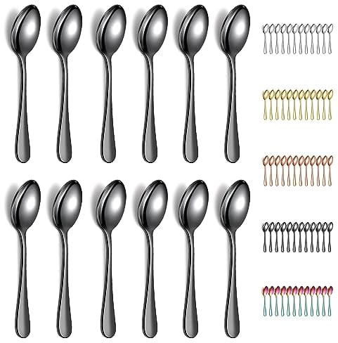 Evanda Cucharillas de café negras 12 piezas, 14cm de titanio negras Acero inoxidable cuchara de té, cubiertos para té, postre, pastel, postre y ensalada, apto para lavavajillas