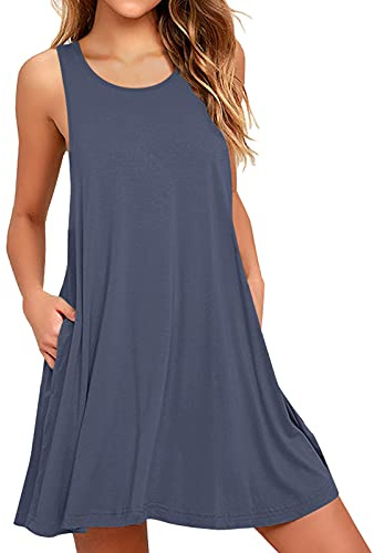 Actcat Strandkleid Damen Sommer Ärmellos Leicht Luftig Casual Kleid | Knielang,mit Taschen,Lässiges T-Shirt-Kleid,Freizeitkleid